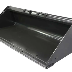 Black excavator bucket attachment on white background, angled side view.