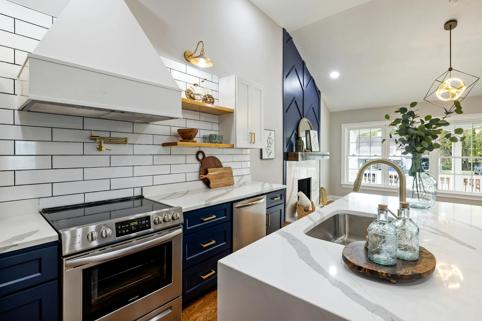 A kitchen with wooden open shelves and neatly arranged decor creates a clean and stylish contrast.