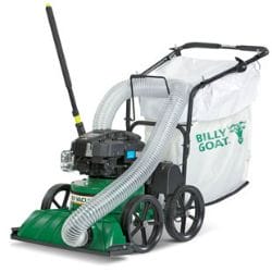 Billy Goat outdoor vacuum cleaner with handle and collection bag for lawn maintenance and debris removal.