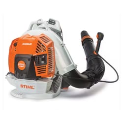 STIHL backpack leaf blower with ergonomic straps and a powerful orange and black design for efficient yard maintenance.