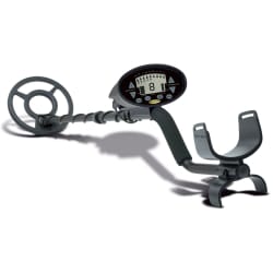 Metal detector with digital display and coil, designed for treasure hunting and locating metallic objects underground.