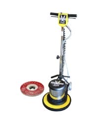 Floor buffer machine with attached handle and a separate red scrubbing pad on a white background.