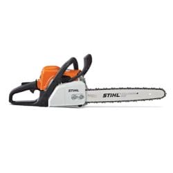 Chainsaw with orange handle and black grip lying sideways on a white background.