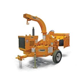 Orange wood chipper on wheels with adjustable chute and safety features, designed for easy towing and efficient wood processing.