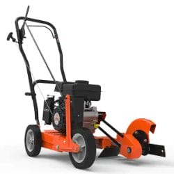 Orange and black wheeled lawn edger with a handle and visible motor, designed for trimming edges of lawns and walkways.