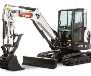 Compact excavator with a white cab and red "Doosan" branding, featuring a front blade and a rear digging arm.