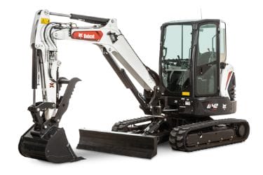 Compact excavator with a white cab and red "Doosan" branding, featuring a front blade and a rear digging arm.