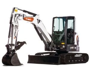 Compact white and black excavator with a hydraulic bucket on a white background.