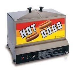 Hot dog steamer machine with colorful "Hot Dogs" sign on front.