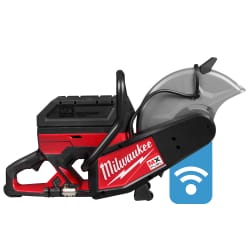 Red and black power tool with blade, Wi-Fi symbol indicating smart features.