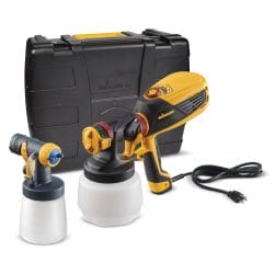 Yellow and black paint sprayer with two containers, power cord, and black carrying case.