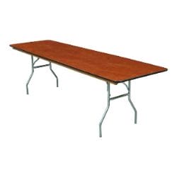 Rectangular wooden folding table with metal legs.