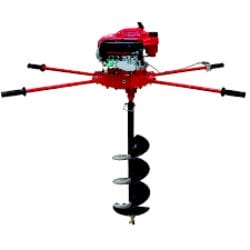 Red and black auger power tool with multiple handles and a spiral drill bit for digging holes in the ground.