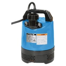 Blue submersible water pump with black base and handle, labeled, designed for removing water from flooded areas.