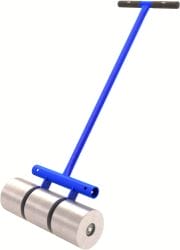 Blue handle magnetic roller with metal cylinder base, used for picking up nails and screws in workshops or construction sites.