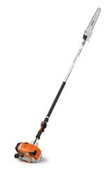 Electric pole saw with an extended handle, designed for easy trimming of hard-to-reach tree branches and hedges.