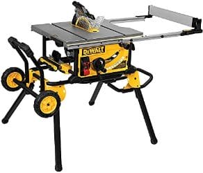 Yellow table saw with stand and wheels, featuring a silver adjustable rip fence and black legs for support.