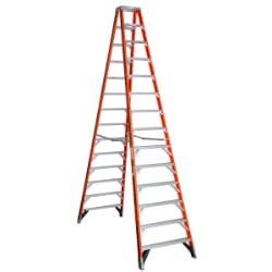 Red double-sided step ladder standing upright on a white background.
