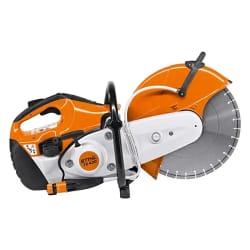 Orange and white hand-operated power saw with a circular blade and black handle, ideal for cutting through materials.