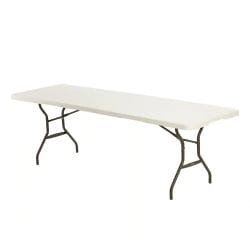 Rectangular white folding table with black metal legs.