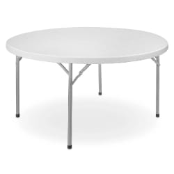 Round white folding table with metal legs, set up and ready for use in indoor or outdoor settings.