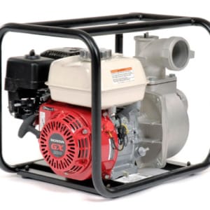 gas-powered water pump with metal frame and red engine components