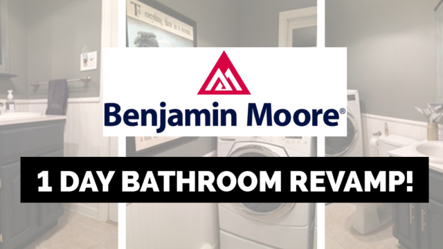 Laundry room renovation with Benjamin Moore logo and washing machine in the background.