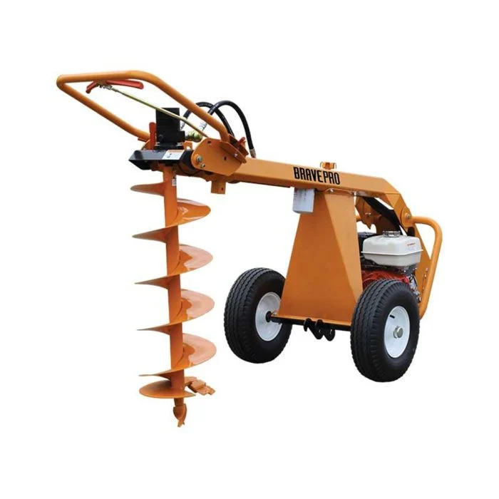 Orange post hole digger machine with spiral drill attachment on two wheels, designed for efficient drilling tasks.