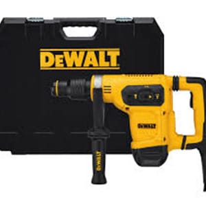Yellow power drill with a black handle in front of a black DEWALT carrying case.