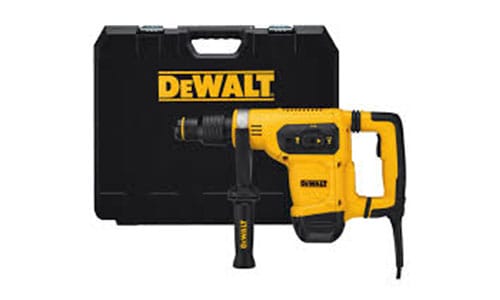 Yellow power drill with a black handle in front of a black DEWALT carrying case.