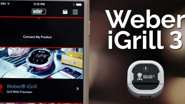 Smartphone displaying iGrill app next to iGrill device on dark background, showcasing digital grilling tools.