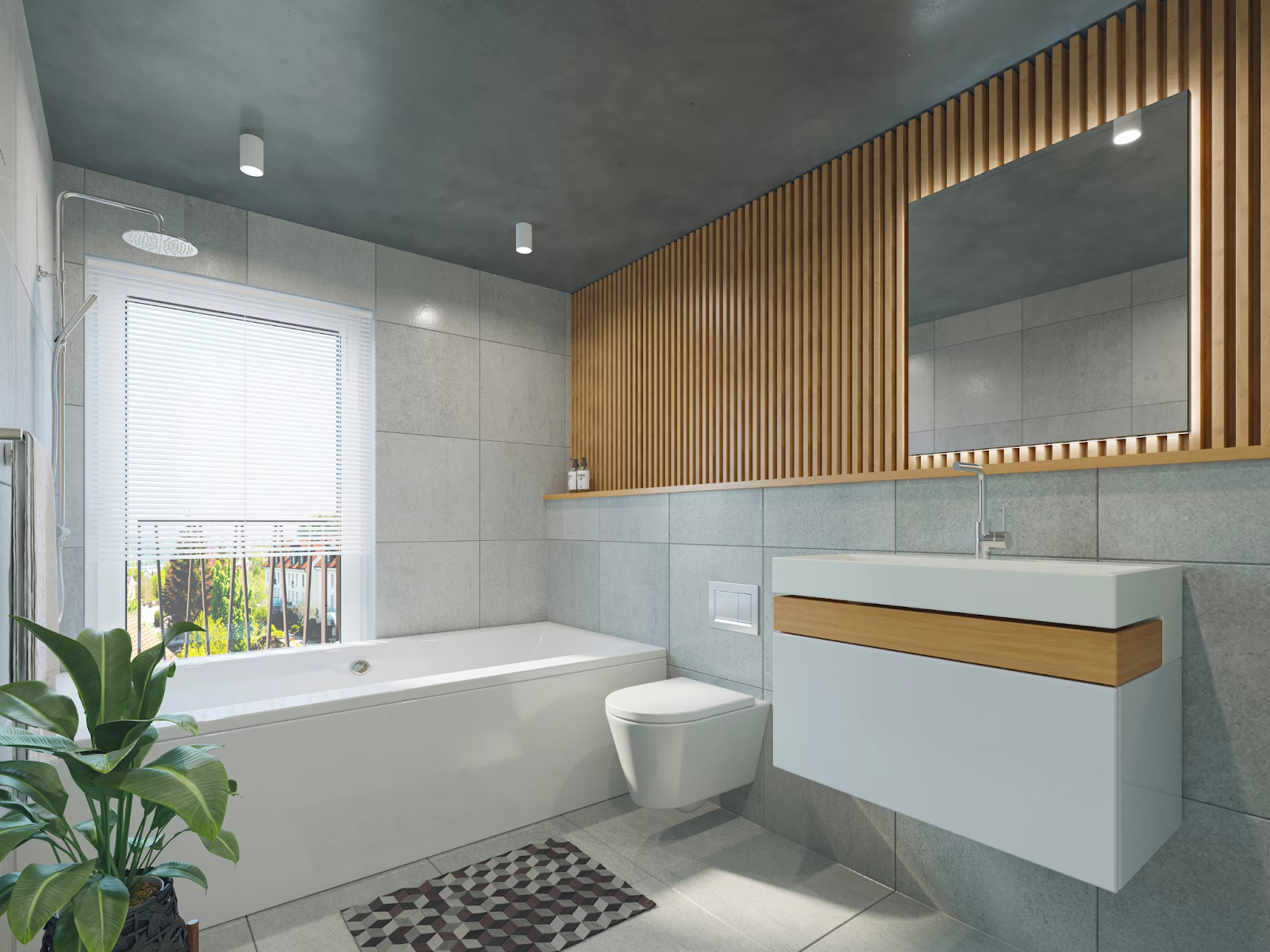 The picture depicts a modern-style bathroom with a large bathtub. The walls are made of large stone slabs and there is wood panel detailing. 
