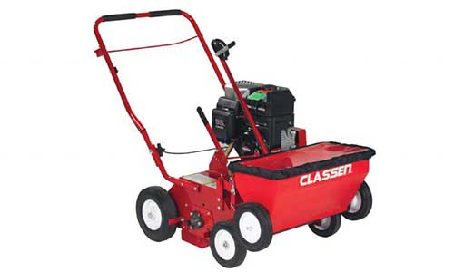 A red seeder used for lawn care