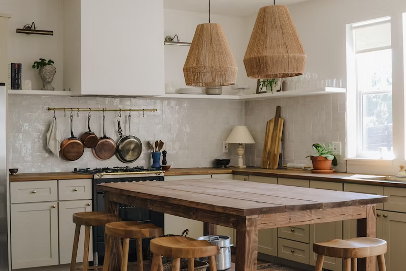 The picture depicts a wooden table with wicker lights hanging above it. The kitchen is rustic with light brown accent tones.