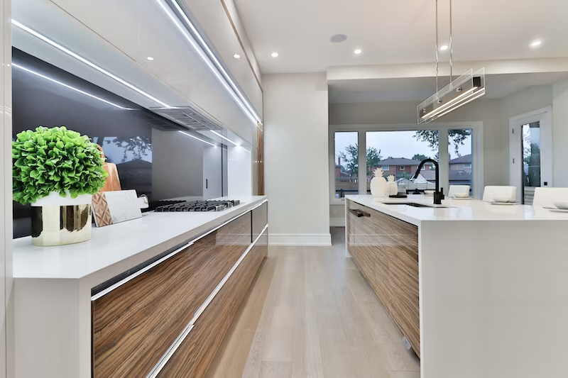 The picture depicts a modern kitchen with sleek countertops and light fixtures. There is a plant on the kitchen counter and a stove.