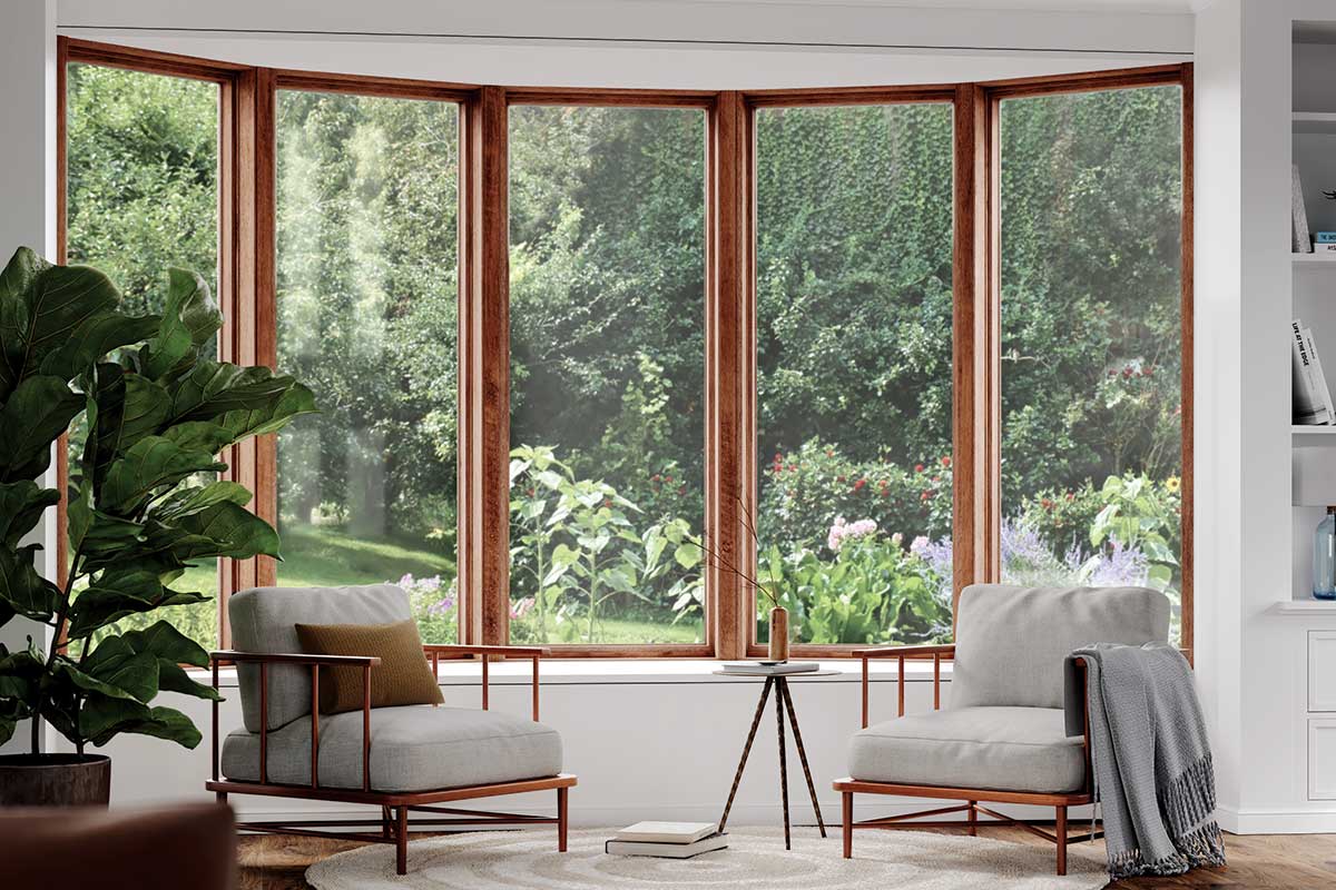 The picture depicts a seating area with two large seats and a large window behind them. There is a large plant in the left corner and coffee books on the ground.