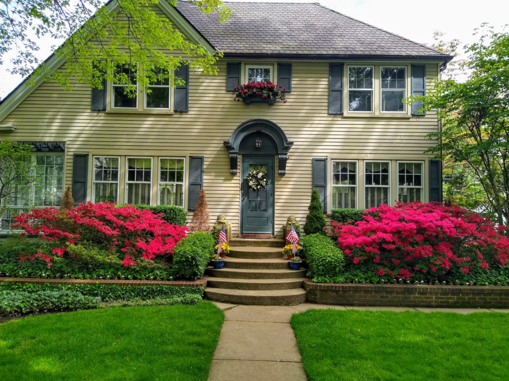 A tan home with black window shutters and a black front door. There are two bright red bushes on either side of the front door.