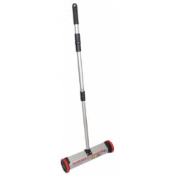 Handheld magnetic sweeper with extendable handle and red wheels on both ends, used for picking up metal debris.