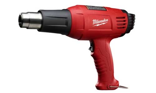 Red electric heat gun with ergonomic handle and adjustable nozzle, used for various DIY and industrial applications.