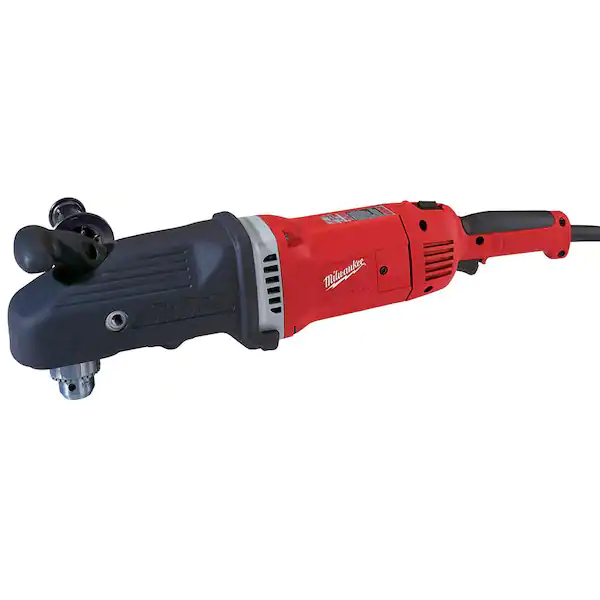 Red and black power angle grinder tool laying on a white background.