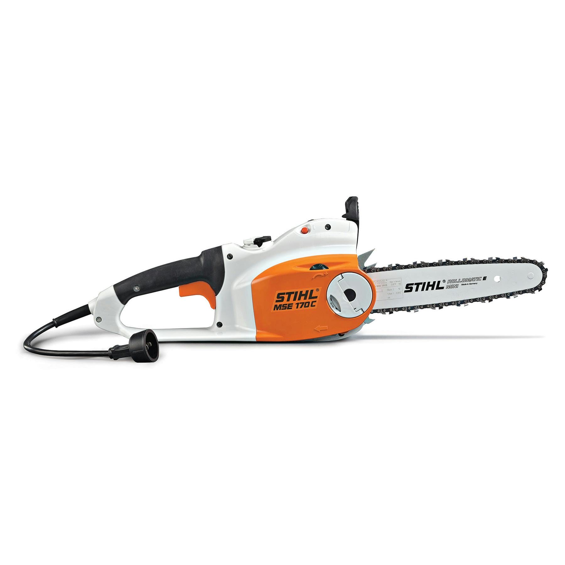 Orange and white electric chainsaw on a white background.