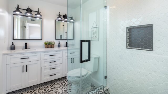 A clean and modern bathroom with gray walls