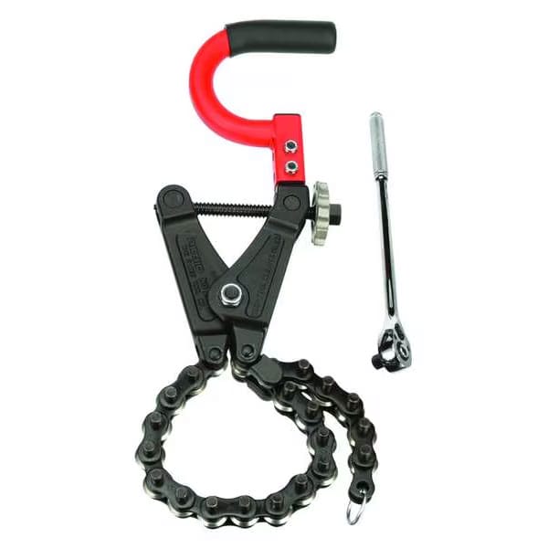 Chain wrench with red hook handle and black chain, and a separate metal tool on a white background.