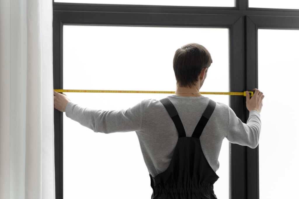 A person is measuring a window with yellow measuring tape.