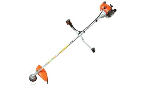 Orange and silver string trimmer with a curved shaft and two handles on a white background.