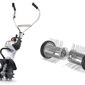 Garden tiller with two attachments on a white background.