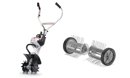 Garden tiller with two attachments on a white background.