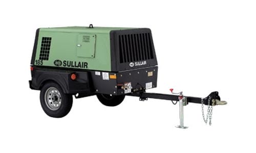 Green portable air compressor on wheels with a black grille, labeled Sullair, and a towing hitch in front.