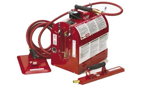 Red firefighting backpack pump with attached hose and nozzle.