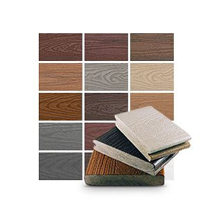 Color samples of wood and composite decking with various textures and shades displayed in a grid and stacked pile.